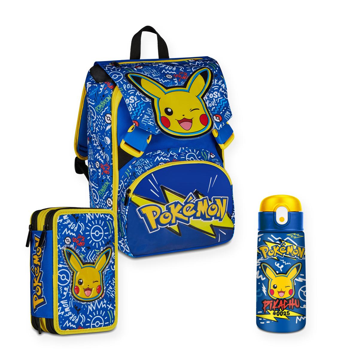 Pokémon Set Scuola Zaino, Astuccio 3 Zip e Borraccia