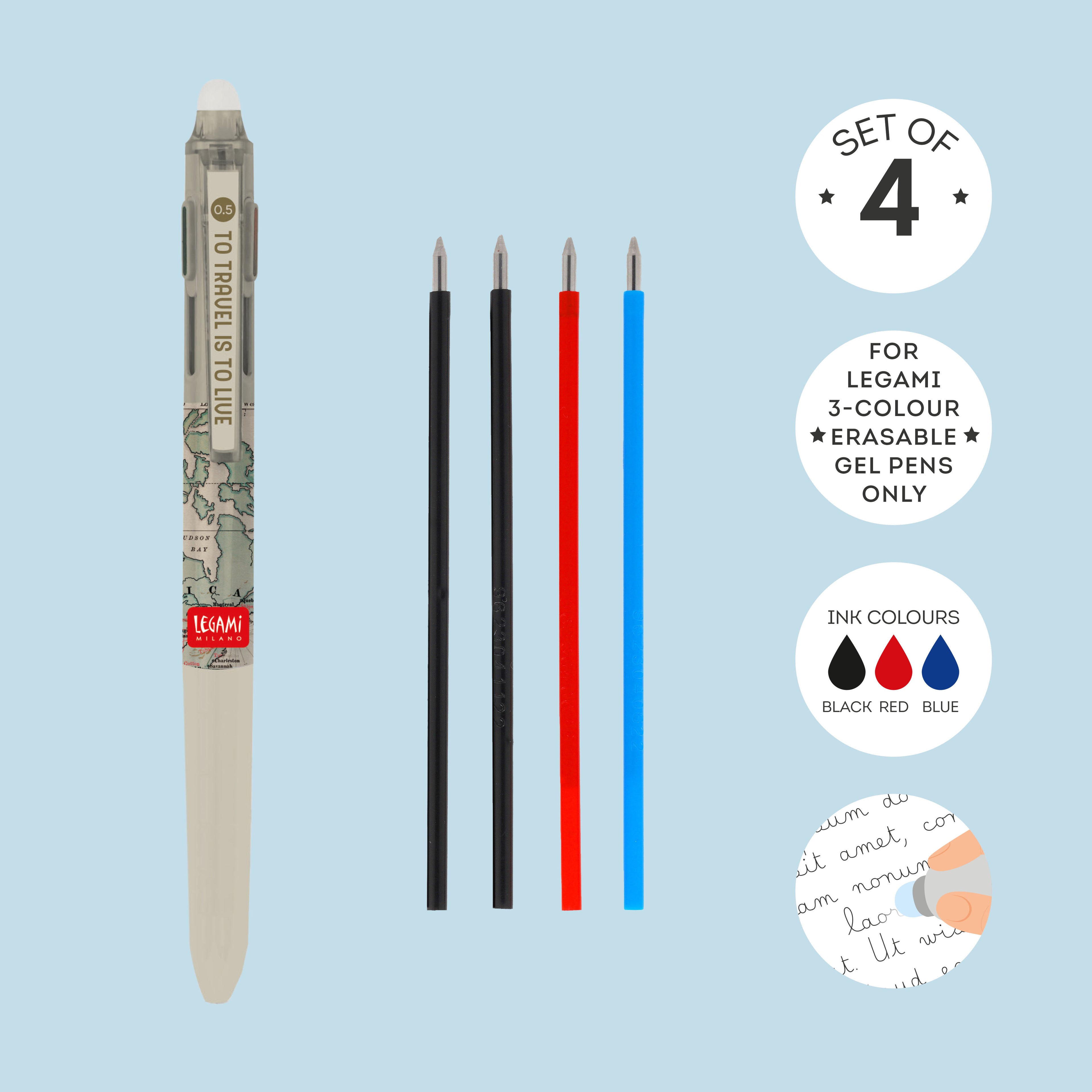 Legami Set Di Quattro Ricariche Per Penna Gel Cancellabile Tre Colori