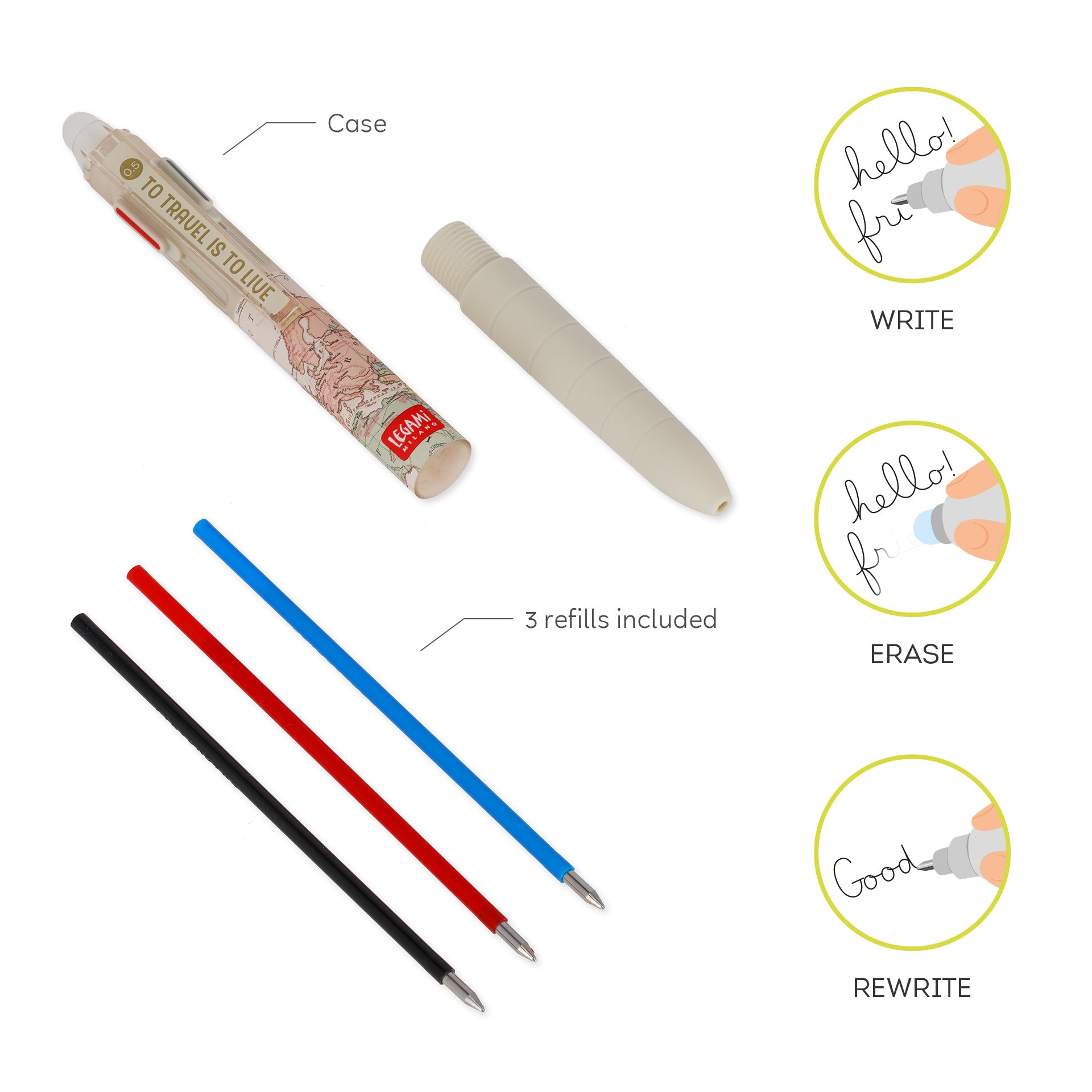 Legami Penna Gel Cancellabile Tre Colori - Travel