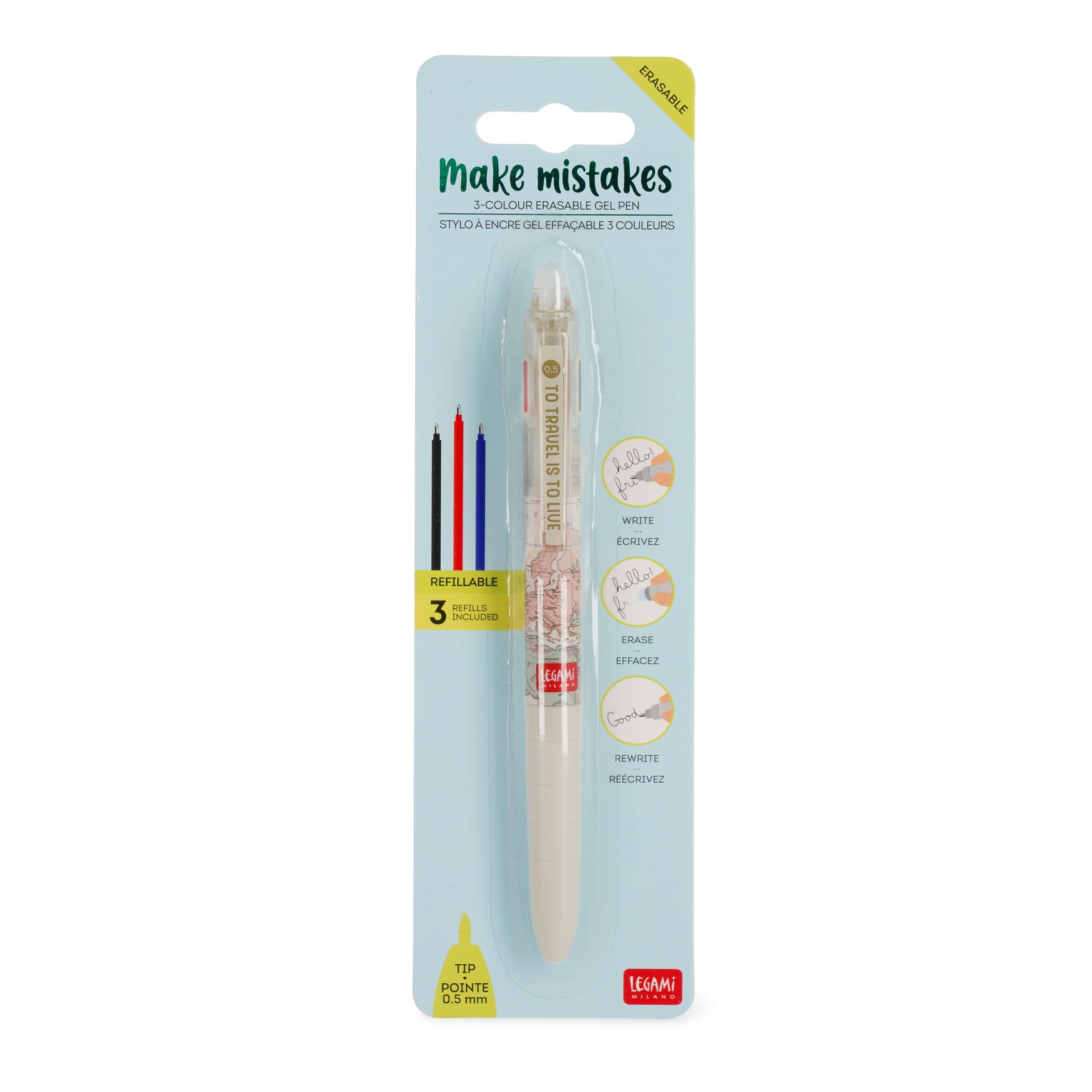 Legami Penna Gel Cancellabile Tre Colori - Travel