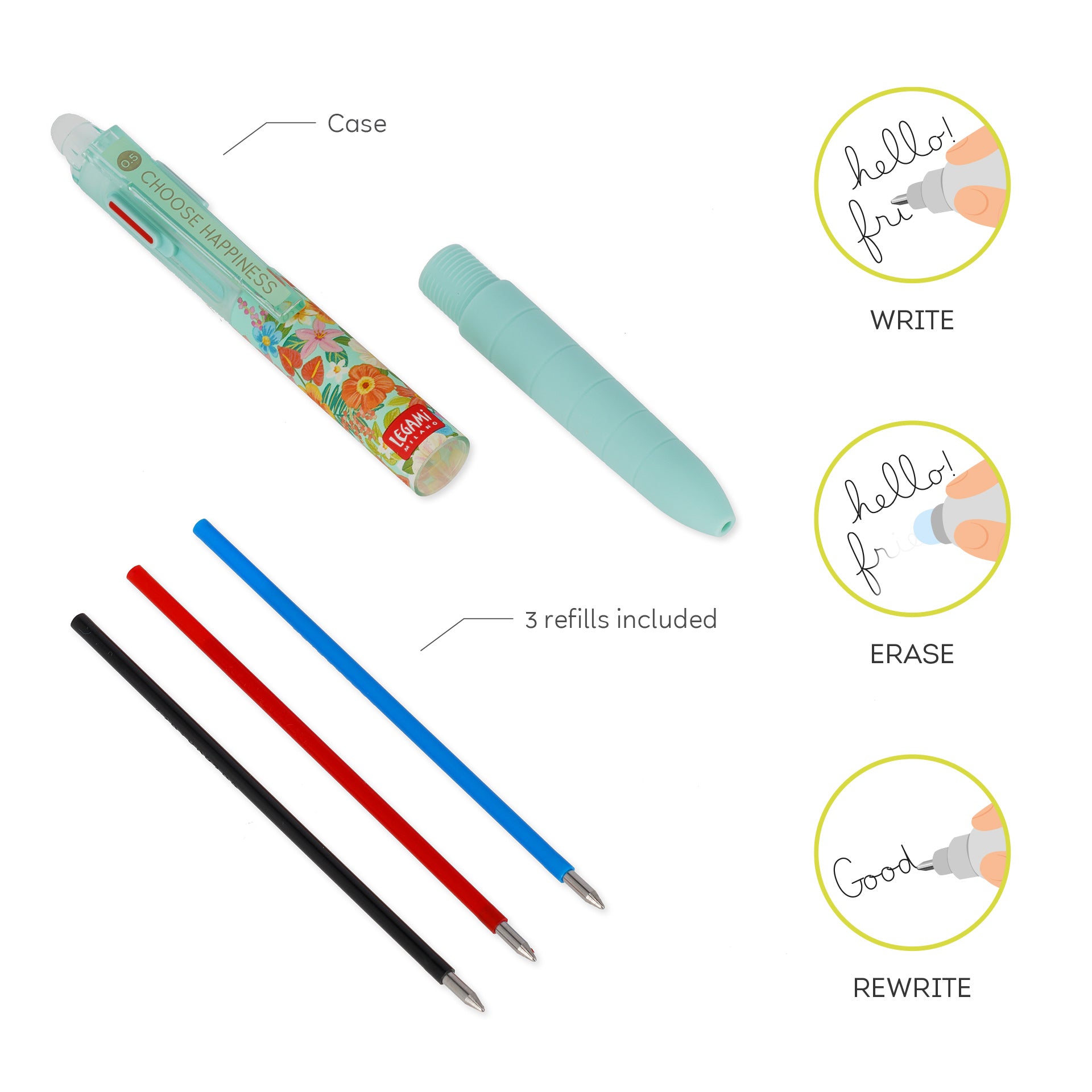 Legami Penna Gel Cancellabile Tre Colori - Flowers